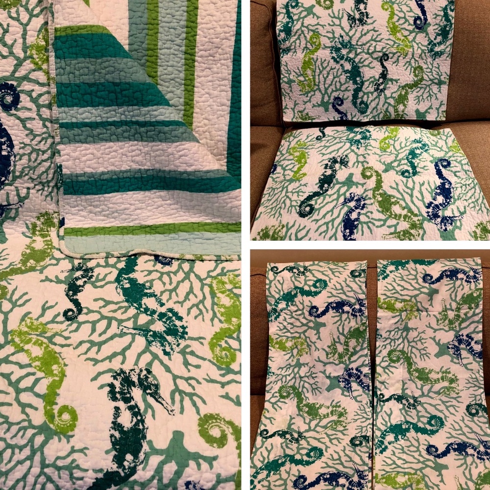 Bella Coastal Seahorse Nautical Queen Size 5 Piece Bedding Set